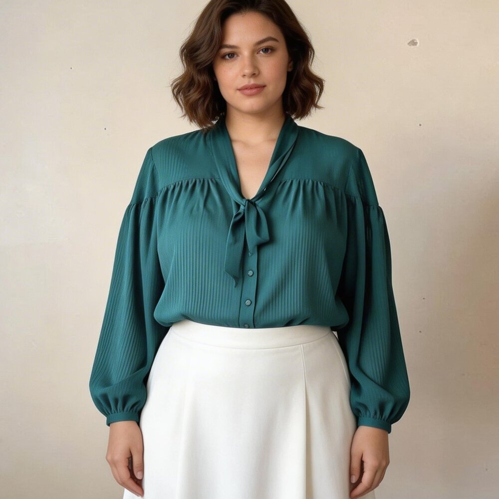 TIME AND TRU | Emerald Green Pinstriped Balloon Sleeve Button Down Blouse Sz 2XL